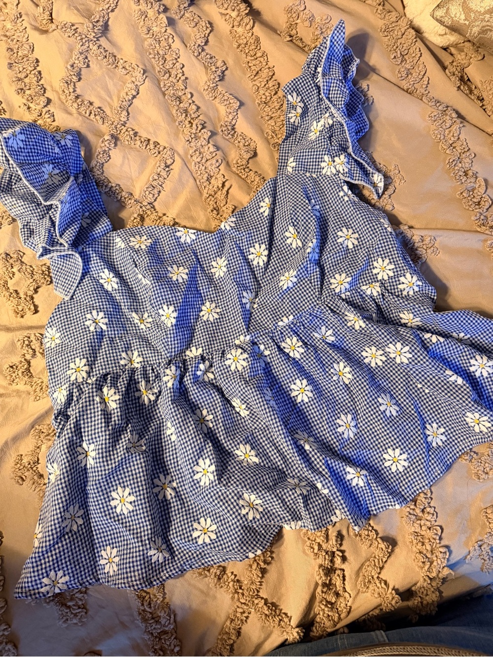 Blue Gingham Daisy Ruffle-Trim Women's Crop Top